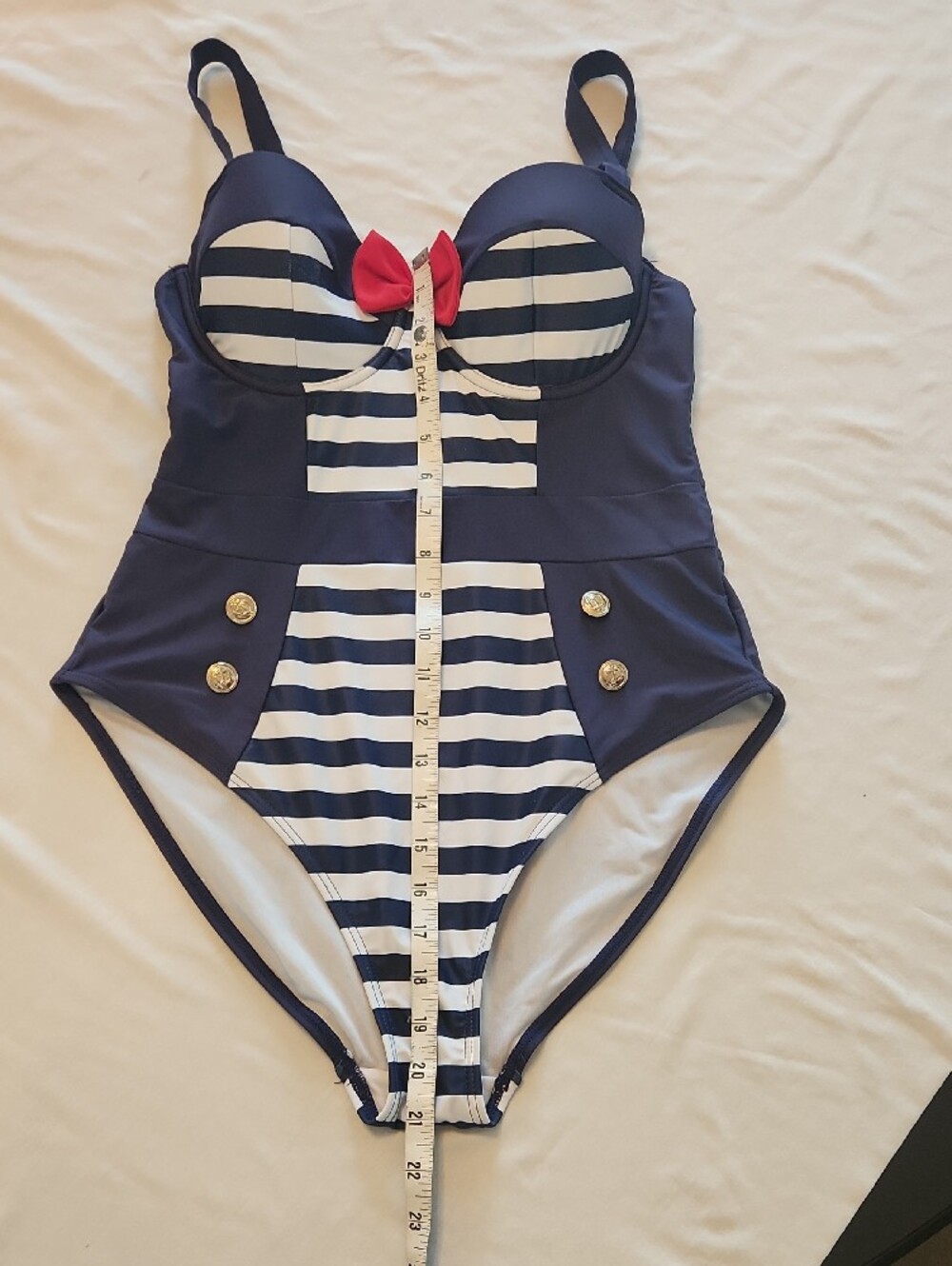 ⚓️ Navy & White Striped Nautical Swimsuit with Red Bow SZ 8 Collectif - Picture 7 of 13